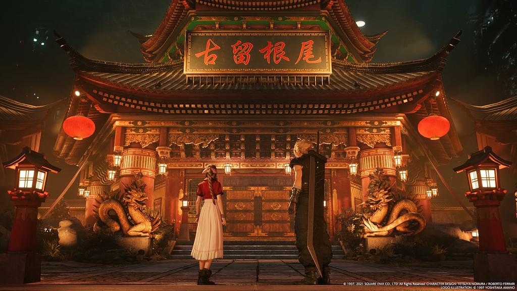 Cloud and Aerith standing in front of the ornate entry way of a Japanese castle