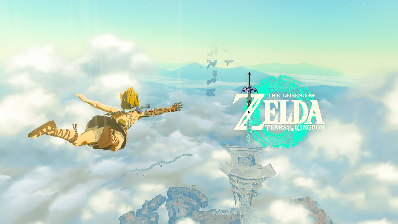 Link sky-diving past the Zelda title screen