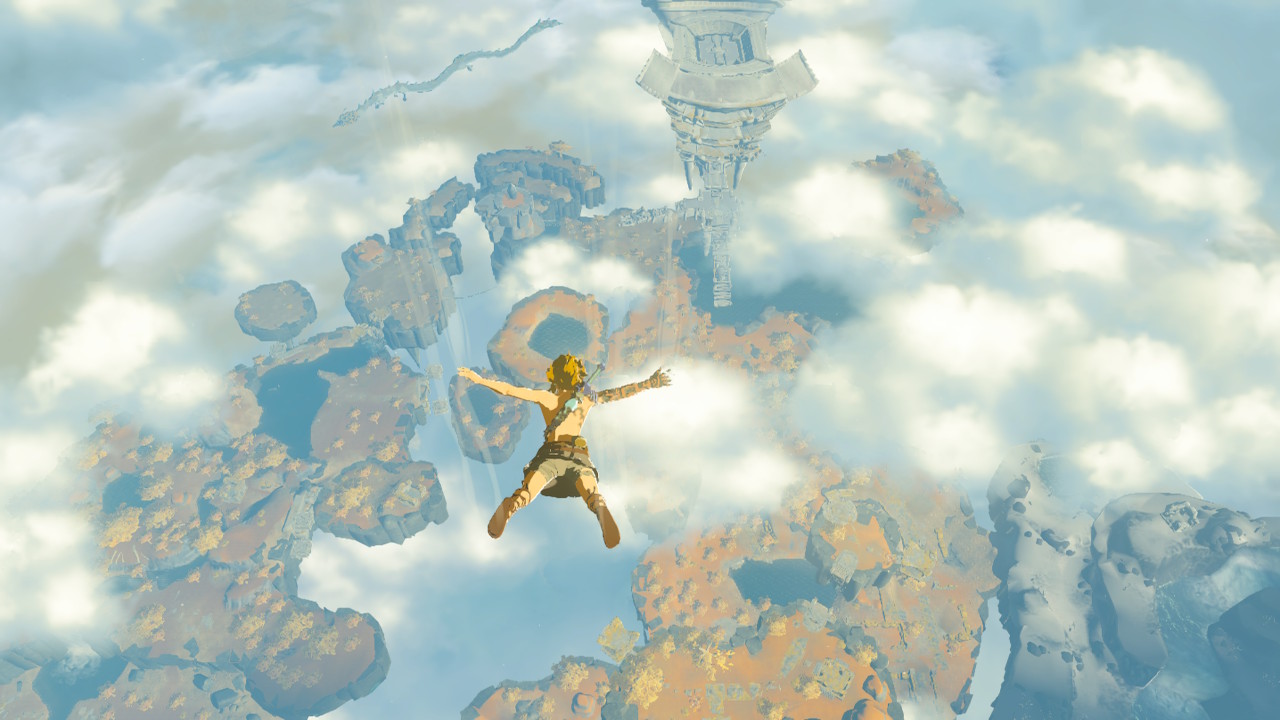 Link sky-diving towards a sky island with a dragon in the background