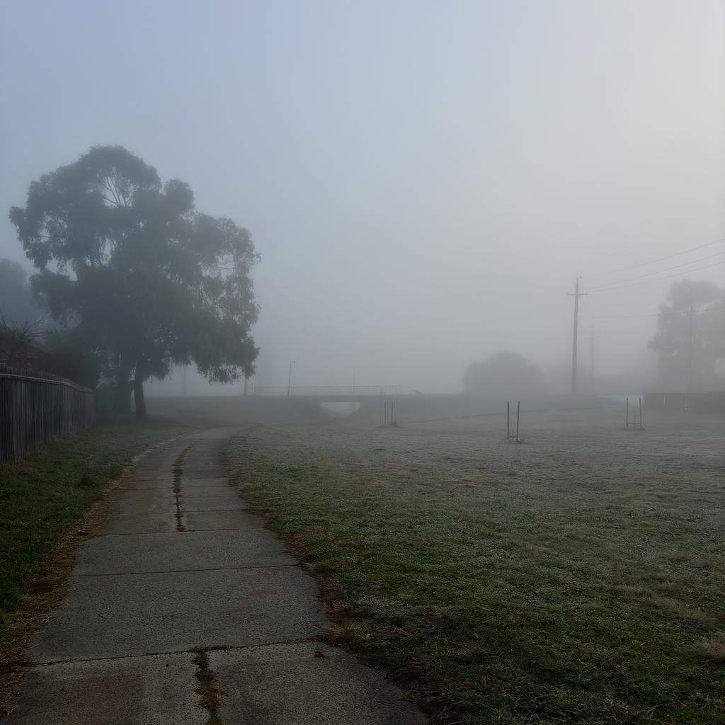 A foggy morning view. A concrete path stretches in to the distance in the left 1/3 of the image. The right 2/3 is mostly lawn.