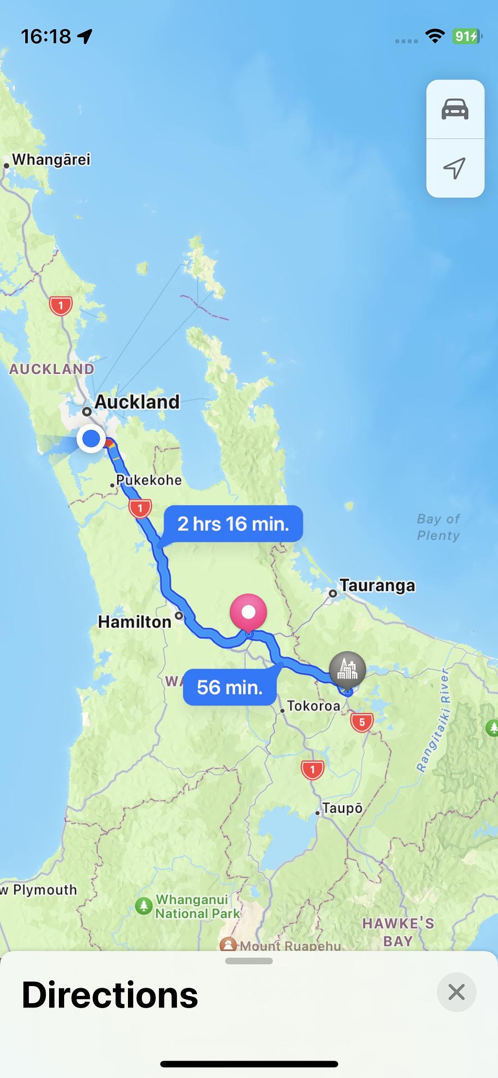 A map showing the route from Rotorua to Auckland, via Hobbiton
