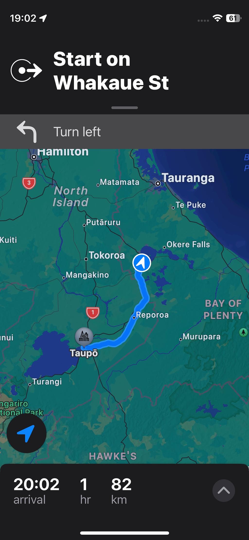 A screenshot of Apple Maps showing the route between Taupō and Rotorua
