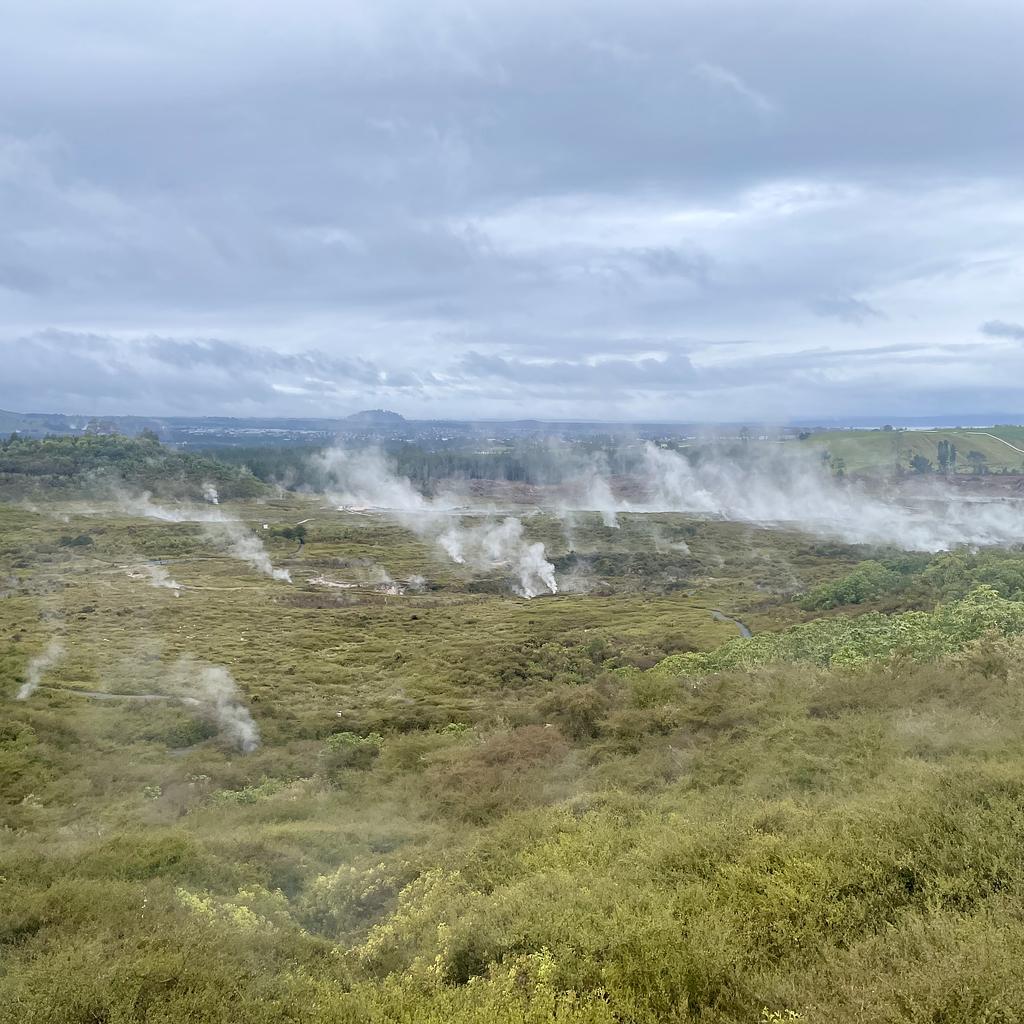 A view of "craters of the moon", a field of geothermal steaming vents