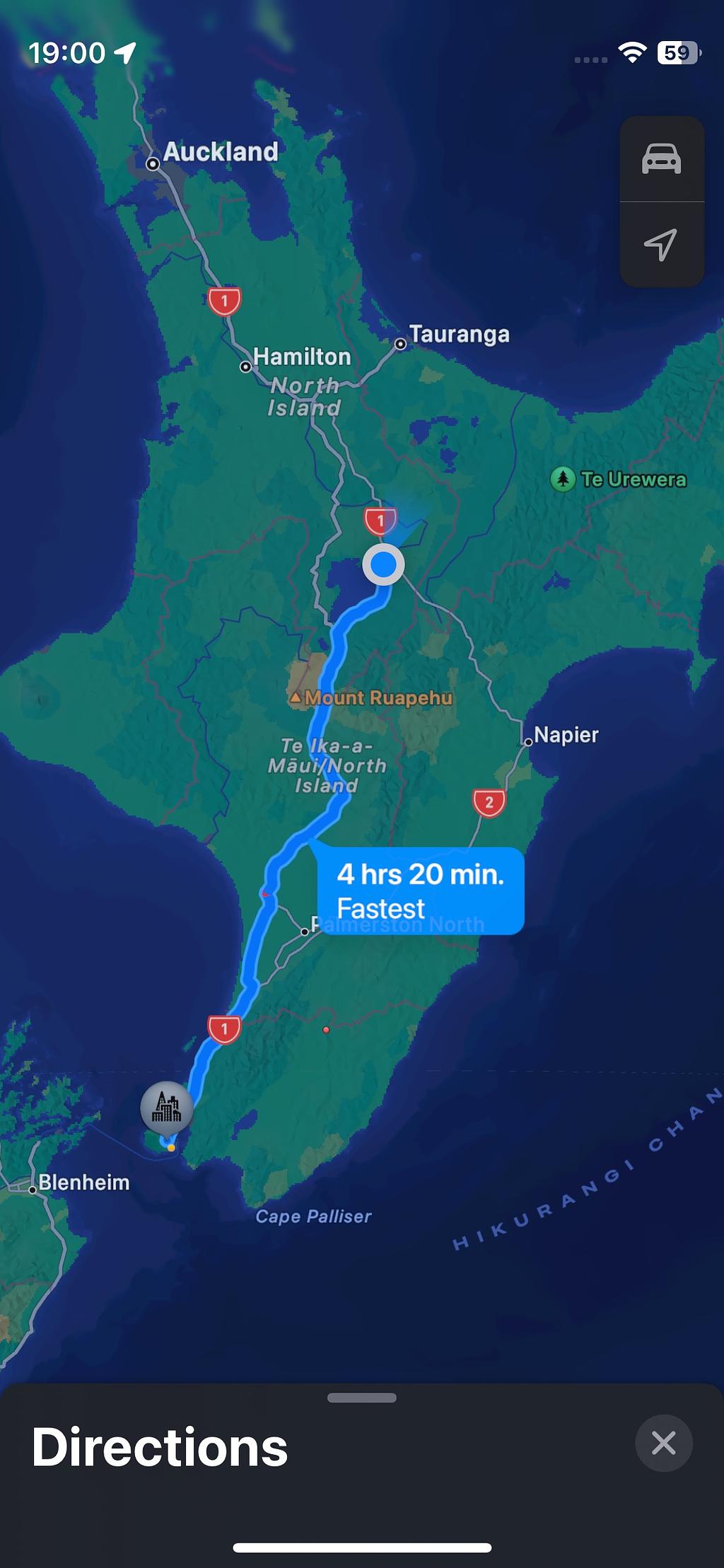 A screenshot of Apple maps showing the route from Wellington to Taupō