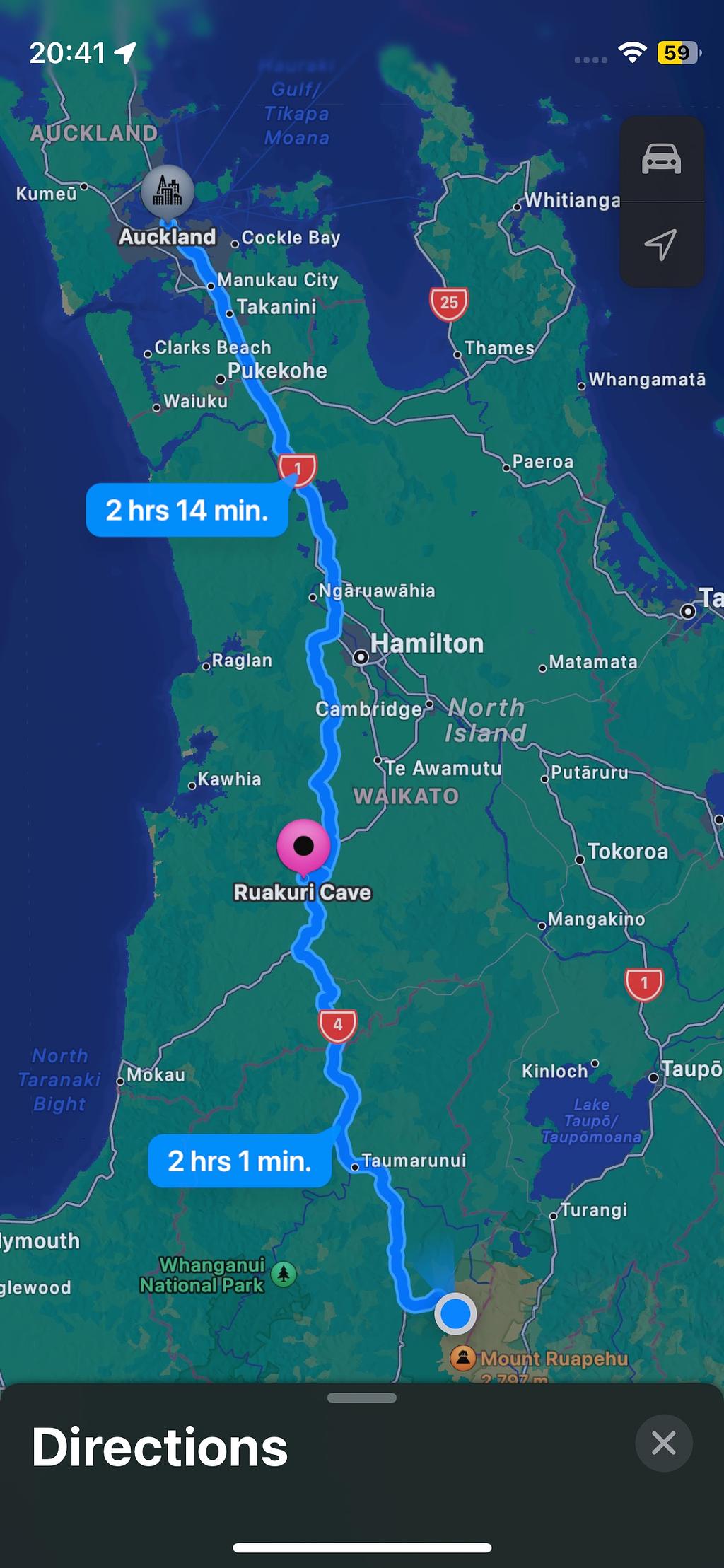 A screenshot of Apple Maps showing directions from Auckland to Tongariro National Park