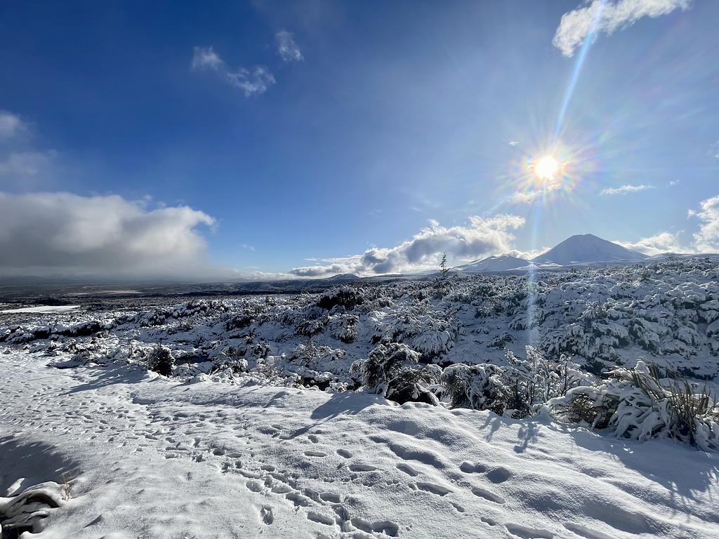 A snowy landscape showing a snow-covered Mount Ruapehu in the distance