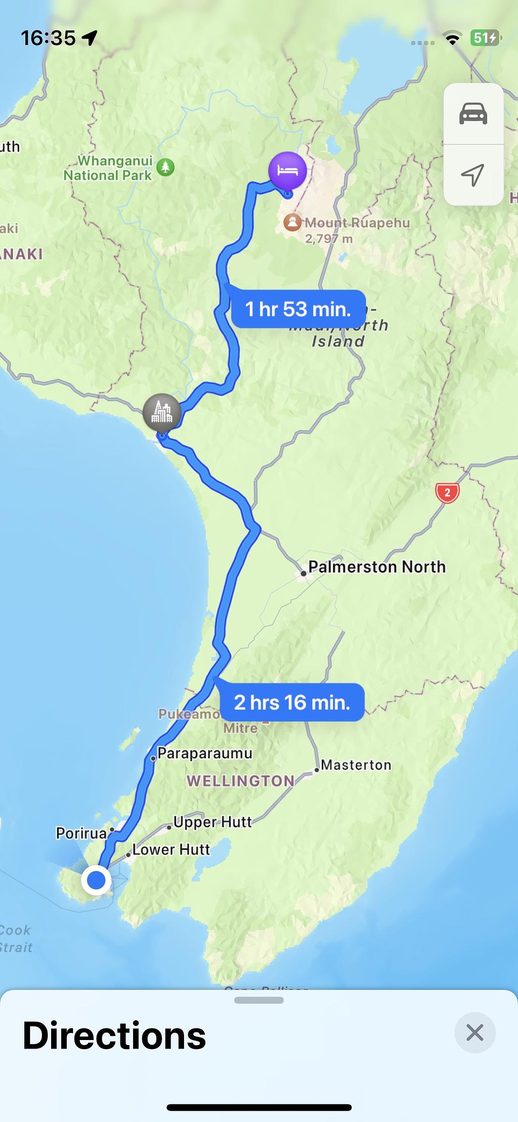 An Apple Maps screenshot showing a route from Tongariro to Wellington via Whanganui